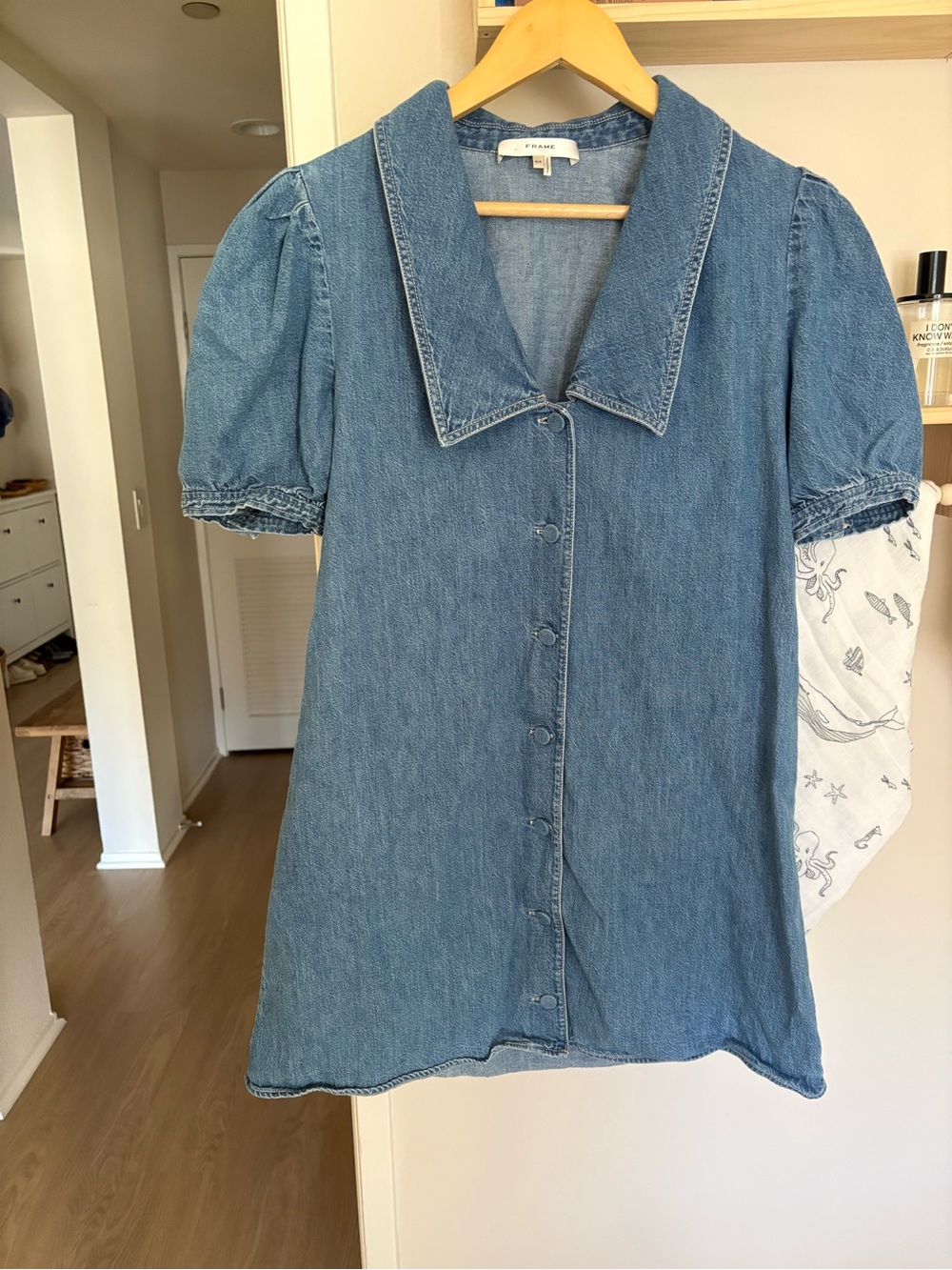 Frame Denim Light Blue Denim Mini Dress with Puff Sleeves